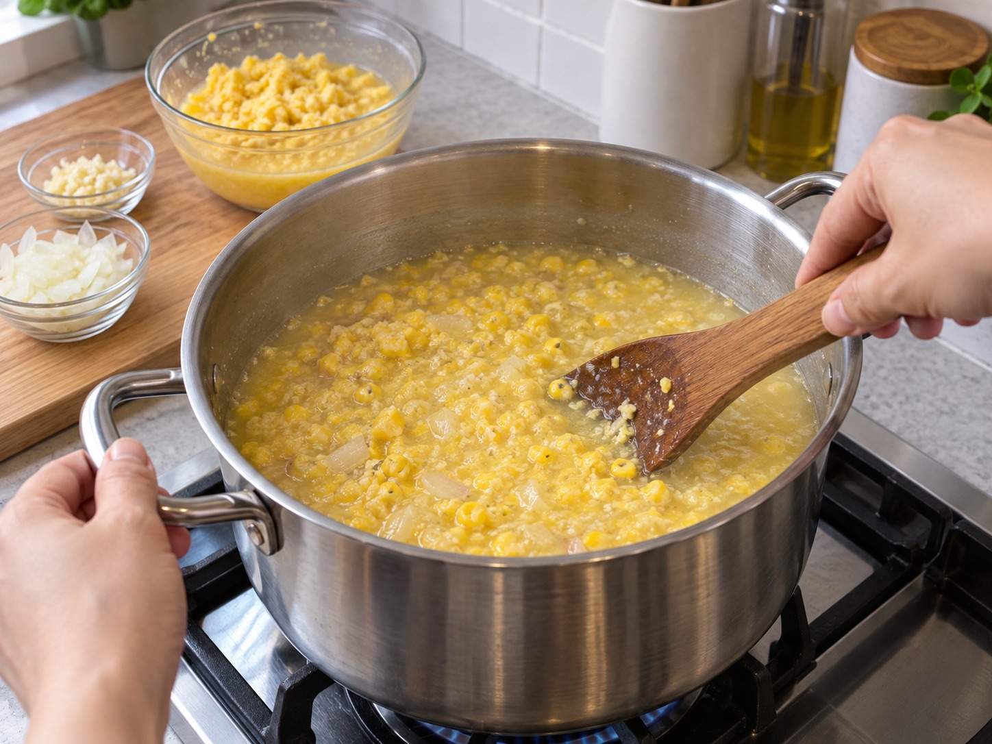Sup Jagung dan Udang Filipina — Masukkan bubur dan sari jagung lalu aduk dua menit