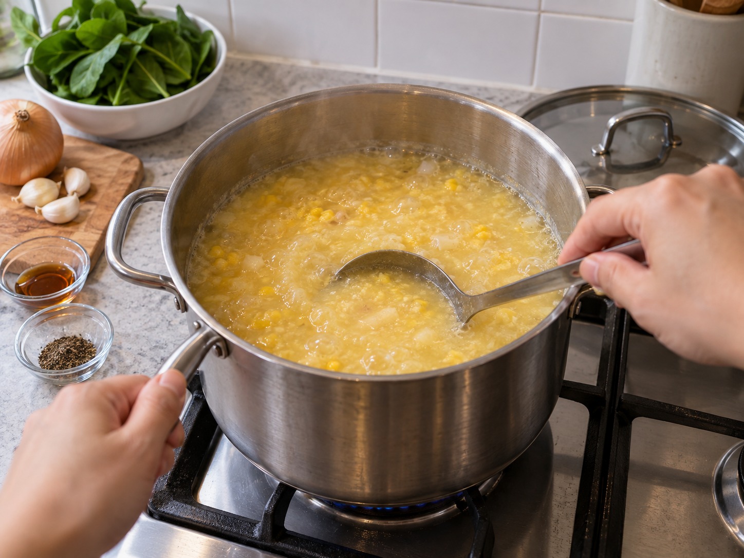 Sup Jagung dan Udang Filipina — Masak delapan menit dengan api sedang kecil sambil diaduk
