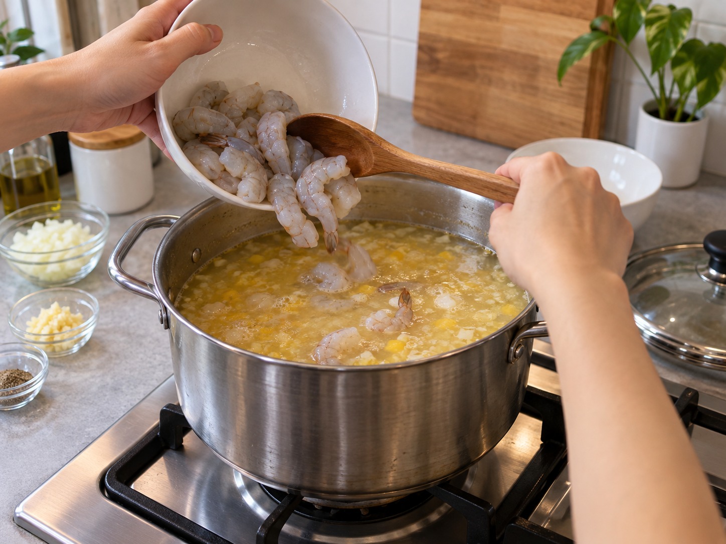 Sup Jagung dan Udang Filipina — Tambahkan udang dan masak tiga sampai empat menit hingga melengkung dan buram