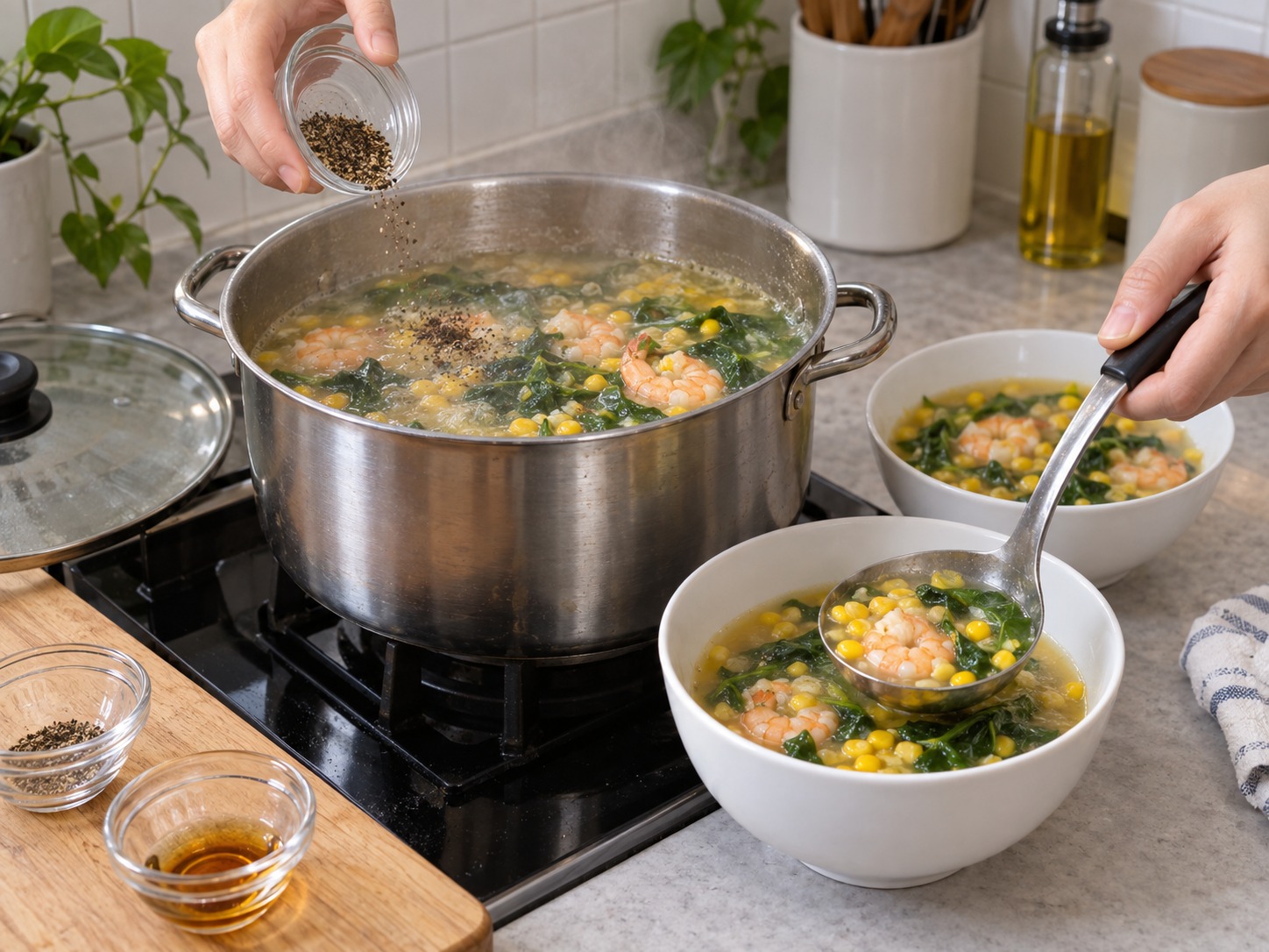 Sup Jagung dan Udang Filipina — Tambahkan lada, didihkan kembali, matikan api, lalu bagi ke mangkuk