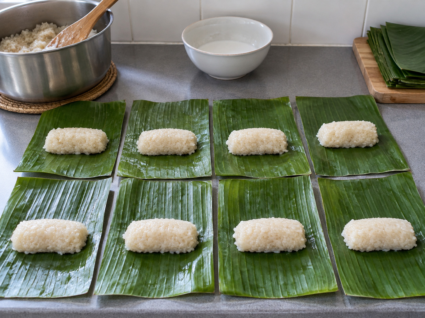 菲律賓椰香糯米葉包 Suman — 每片香蕉葉放約八分之一糯米