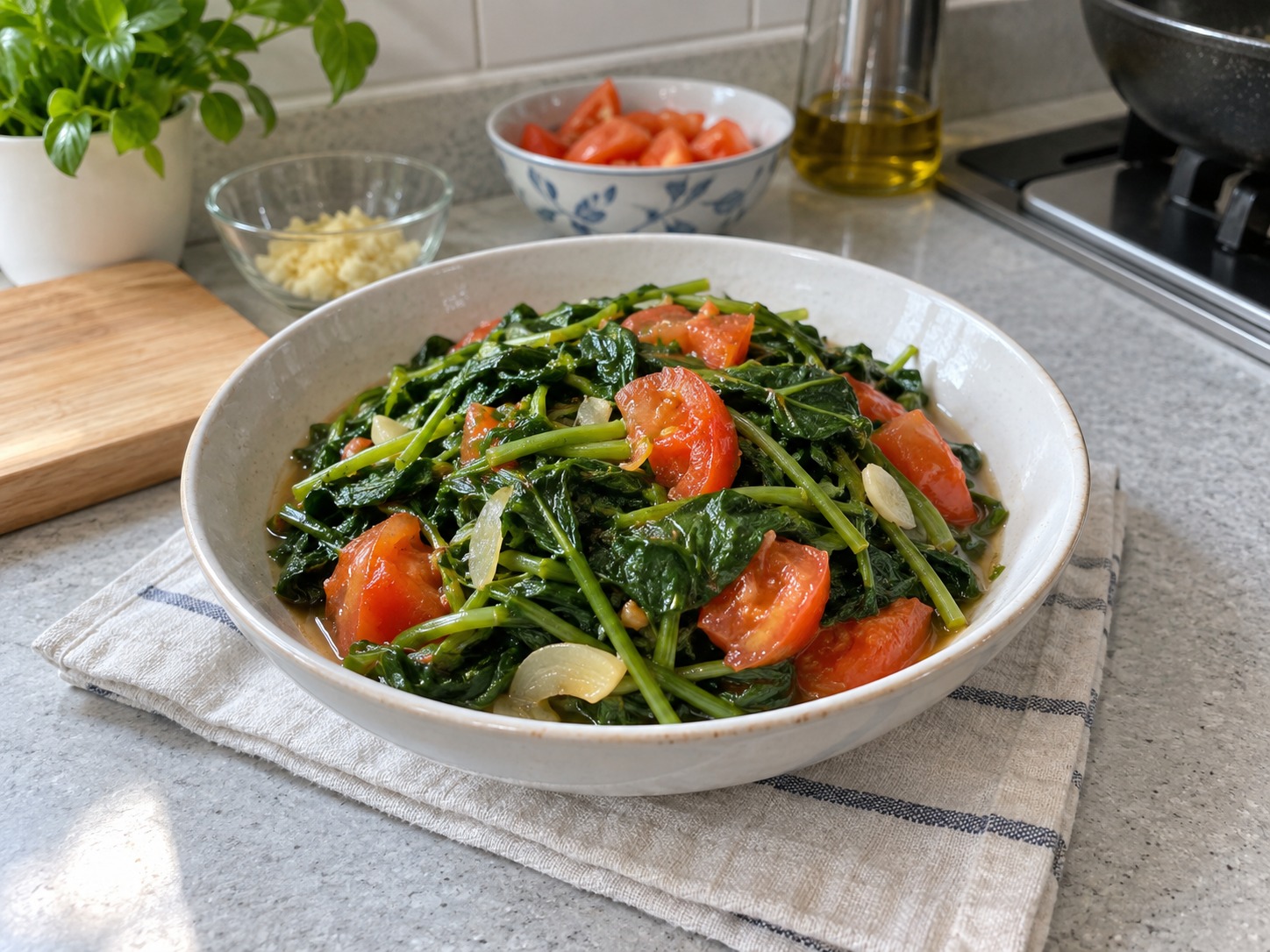Salad Daun Ubi Jalar dan Tomat Filipina — hidangan selesai
