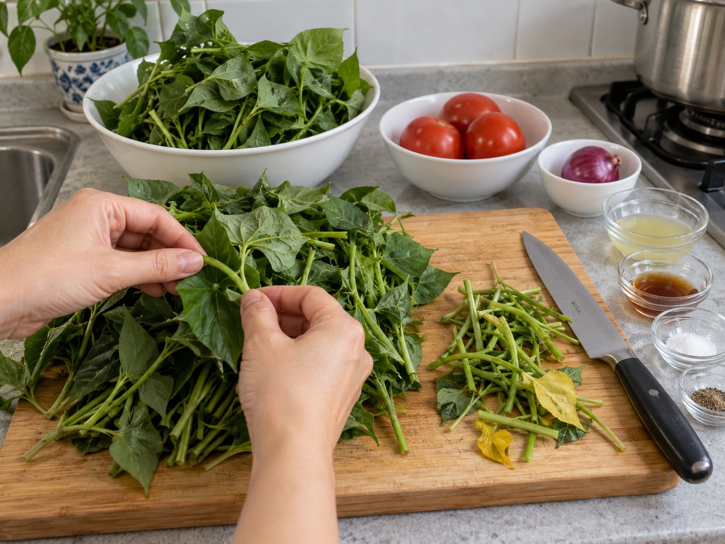 Salad Daun Ubi Jalar dan Tomat Filipina — Periksa pucuk; buang batang keras dan daun kuning