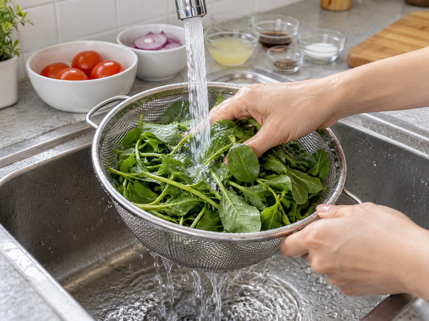 Salad Daun Ubi Jalar dan Tomat Filipina — Cuci daun ubi di air mengalir lalu tiriskan
