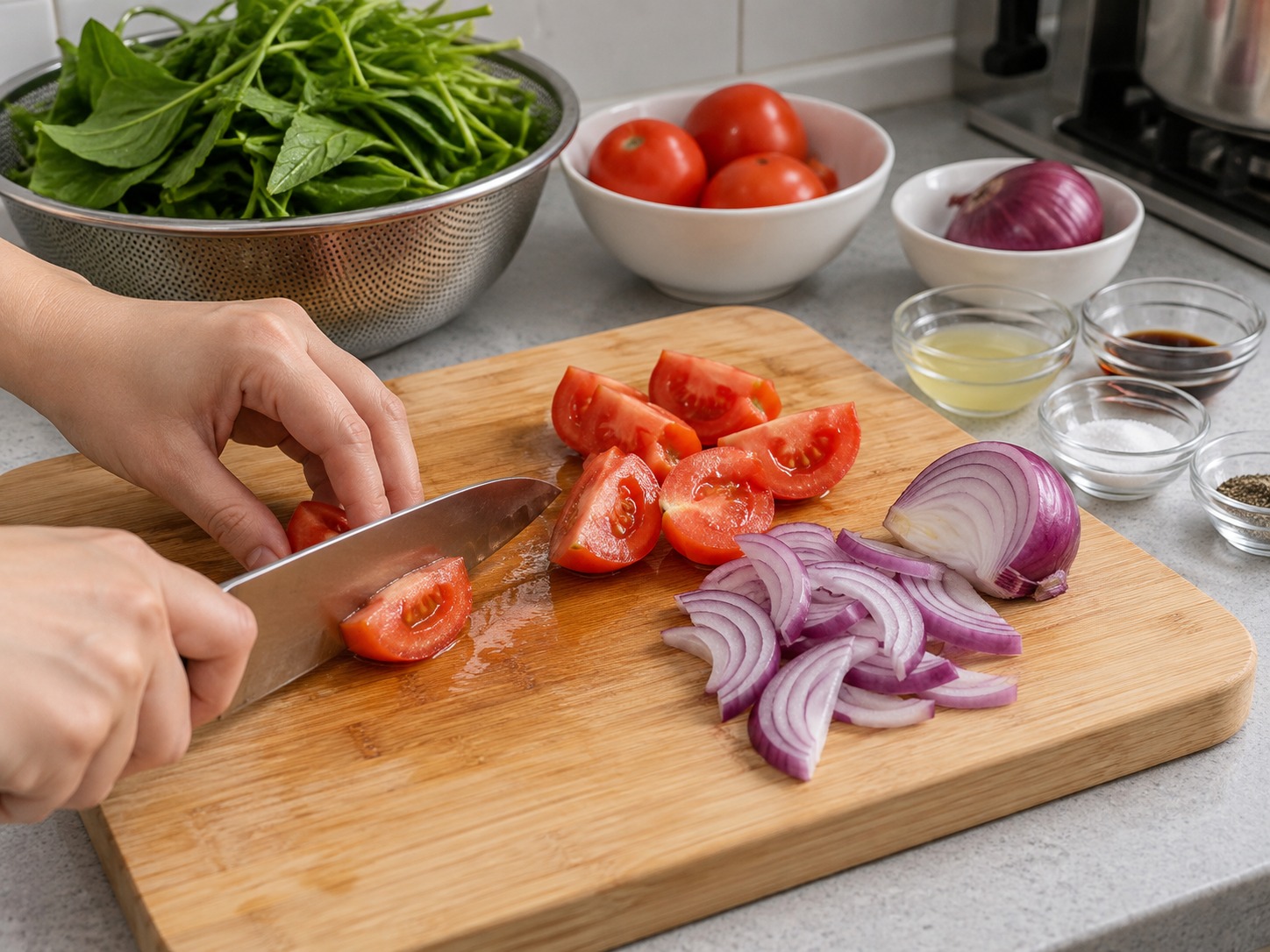 Salad Daun Ubi Jalar dan Tomat Filipina — Buang pangkal dan potong tomat; iris tipis bawang merah