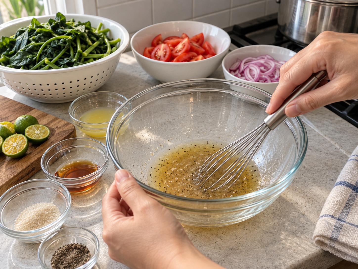 Salad Daun Ubi Jalar dan Tomat Filipina — Campur air kalamansi, kecap ikan, gula, dan lada dalam mangkuk besar