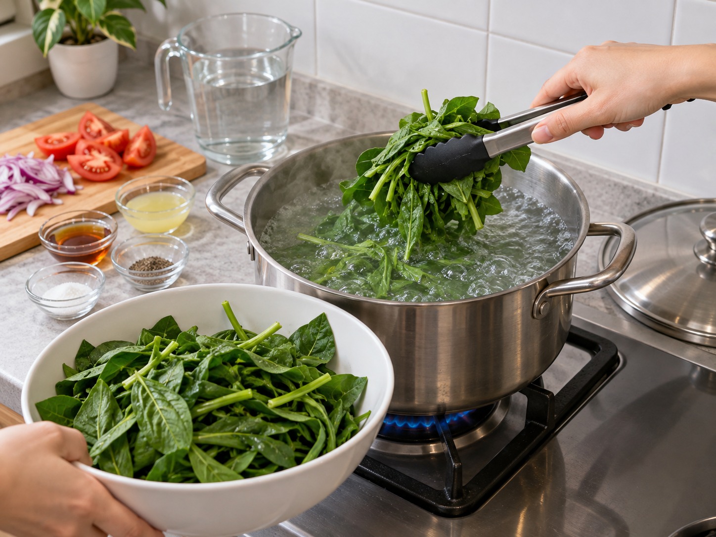 Salad Daun Ubi Jalar dan Tomat Filipina — Didihkan 2 liter air dan masukkan daun dalam dua bagian