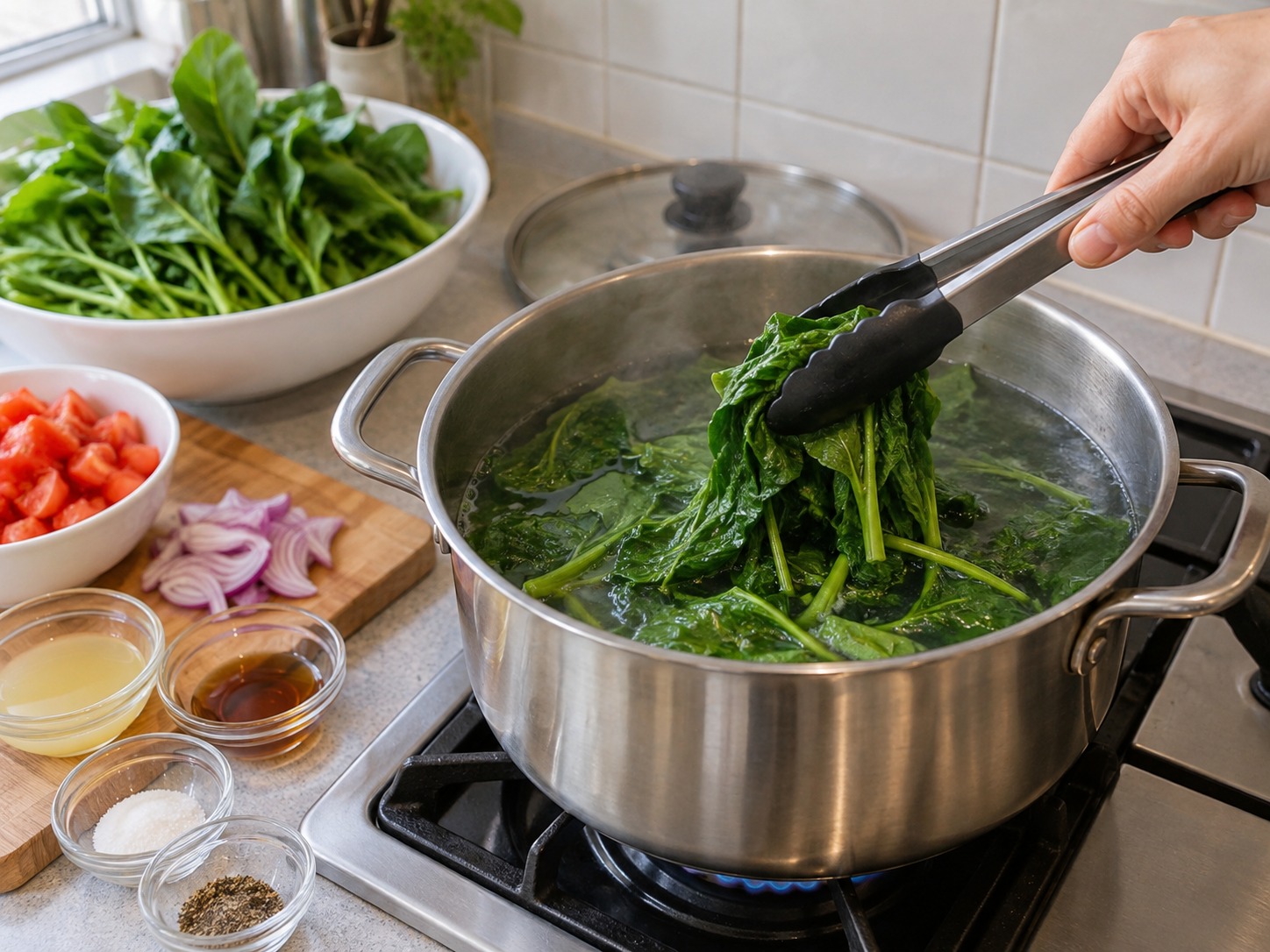 Salad Daun Ubi Jalar dan Tomat Filipina — Celur tiap bagian satu sampai dua menit hingga layu dan matang