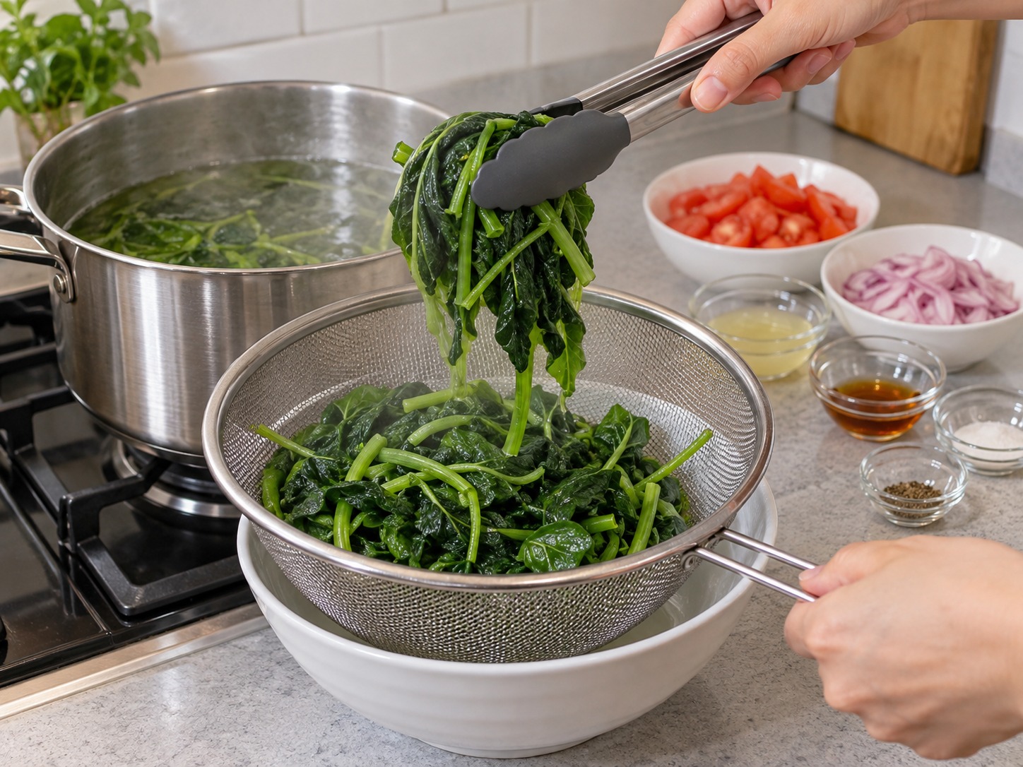 Salad Daun Ubi Jalar dan Tomat Filipina — Angkat dengan penjepit dan dinginkan dalam saringan dua menit