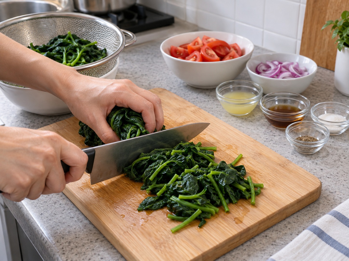 Salad Daun Ubi Jalar dan Tomat Filipina — Peras perlahan air berlebih lalu potong sepanjang lima sentimeter