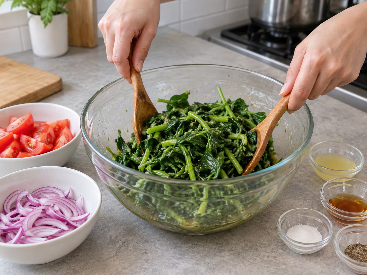 Salad Daun Ubi Jalar dan Tomat Filipina — Masukkan daun ke saus dan aduk perlahan