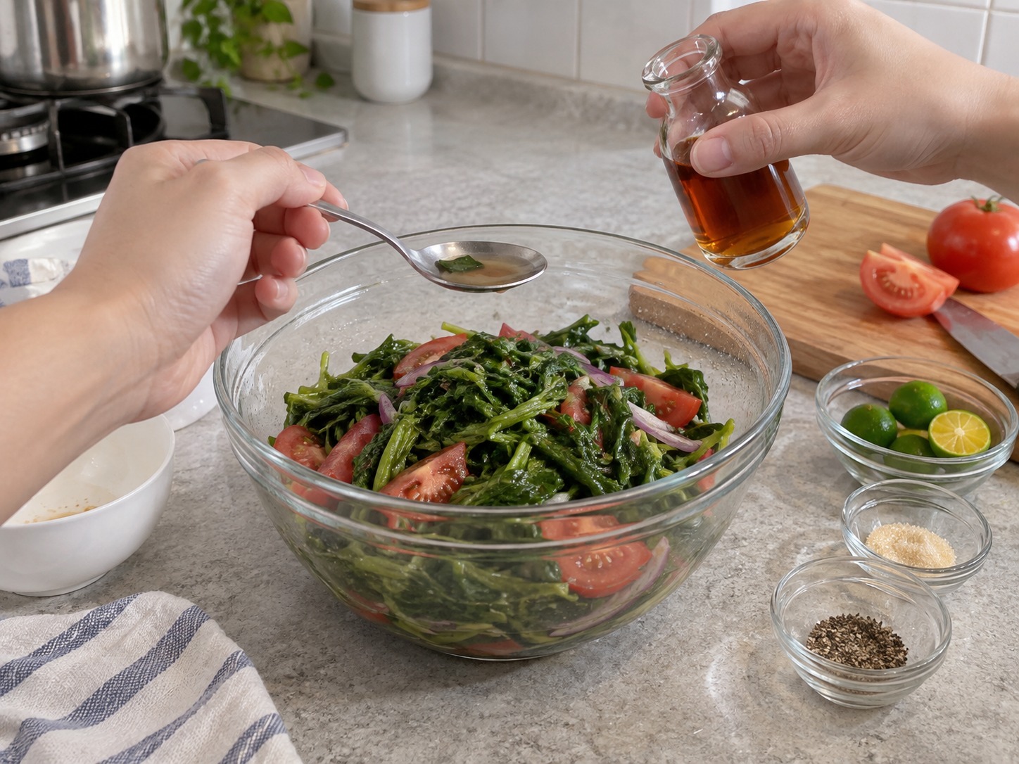 Salad Daun Ubi Jalar dan Tomat Filipina — Cicipi dan tambah sedikit kecap ikan bila perlu; jangan tambah garam