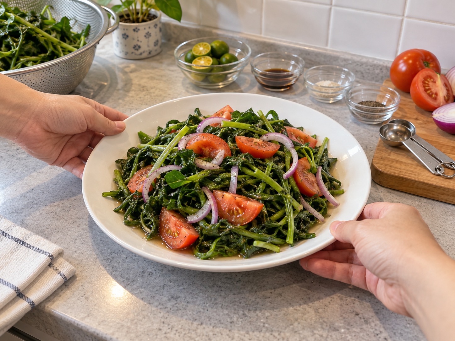 Salad Daun Ubi Jalar dan Tomat Filipina — Sajikan segera; jangan biarkan lama di suhu ruang