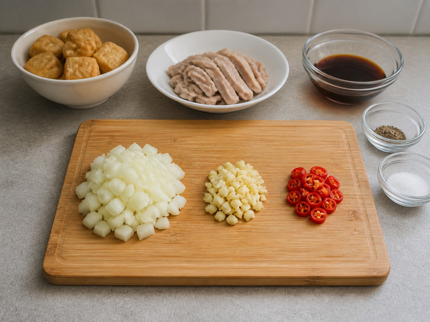 菲律賓酸香豬肉豆腐 — 切洋蔥蒜辣椒