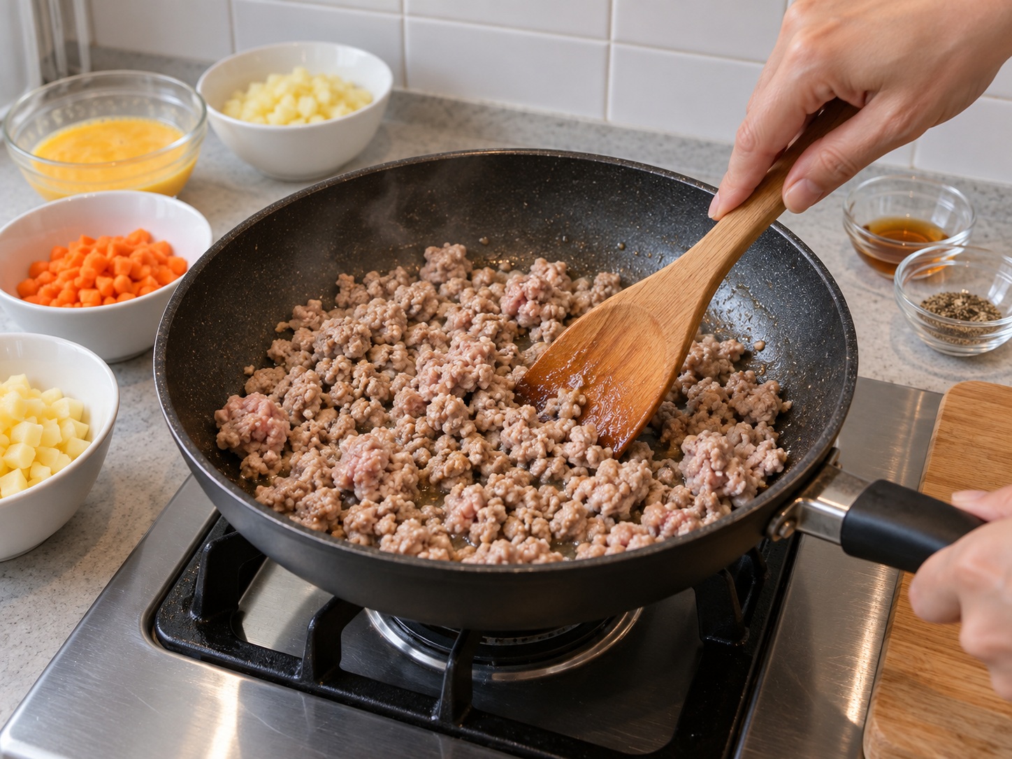 菲律賓豬肉薯仔蛋餅 — 炒熟免治豬肉
