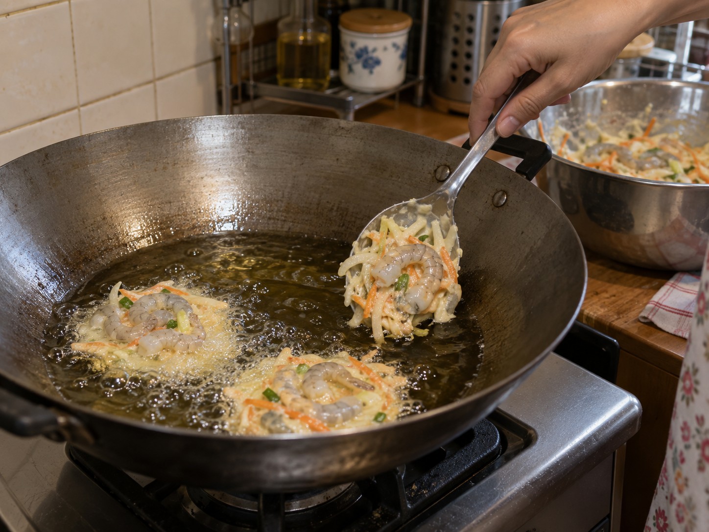 菲律賓炸蝦雜菜餅 — 分批下鑊