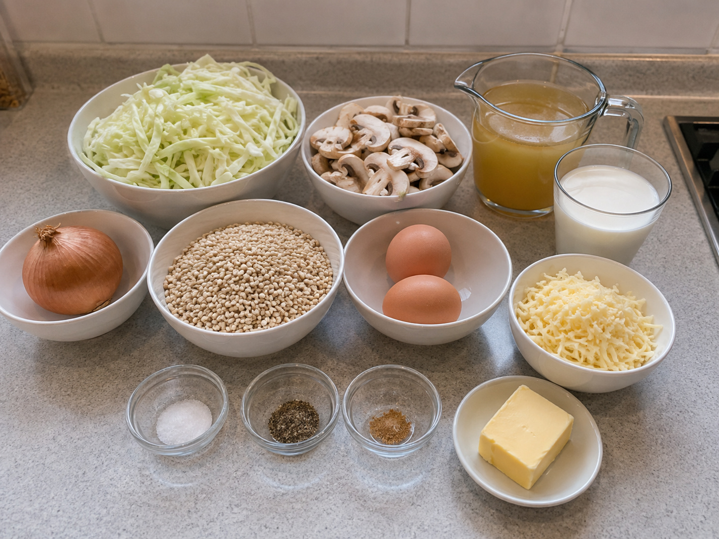 Panggang Barli Kubis Jamur Finlandia: 300 g jelai mutiara, 500 g Kol, 350 g jamur, 1 buah bawang bombai, 700 ml kaldu sayur, 300 ml susu, 2 buah telur, 30 g mentega, 80 g keju semi-keras, 1 sdt garam, 1/2 sdt Lada hitam, 1/4 sdt pala
