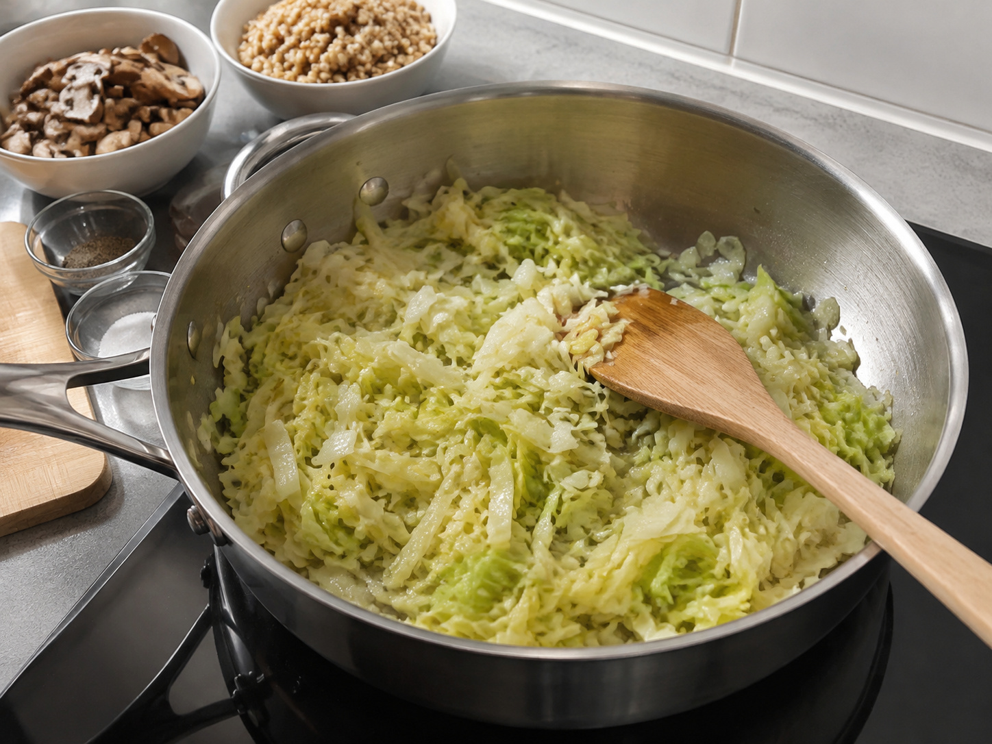 Lunakkan kubis dan bawang: Lunakkan kubis dan bawang. Ikuti takaran dan urutan resep; pastikan kondisi bahan sesuai tahap yang ditunjukkan sebelum lanjut.