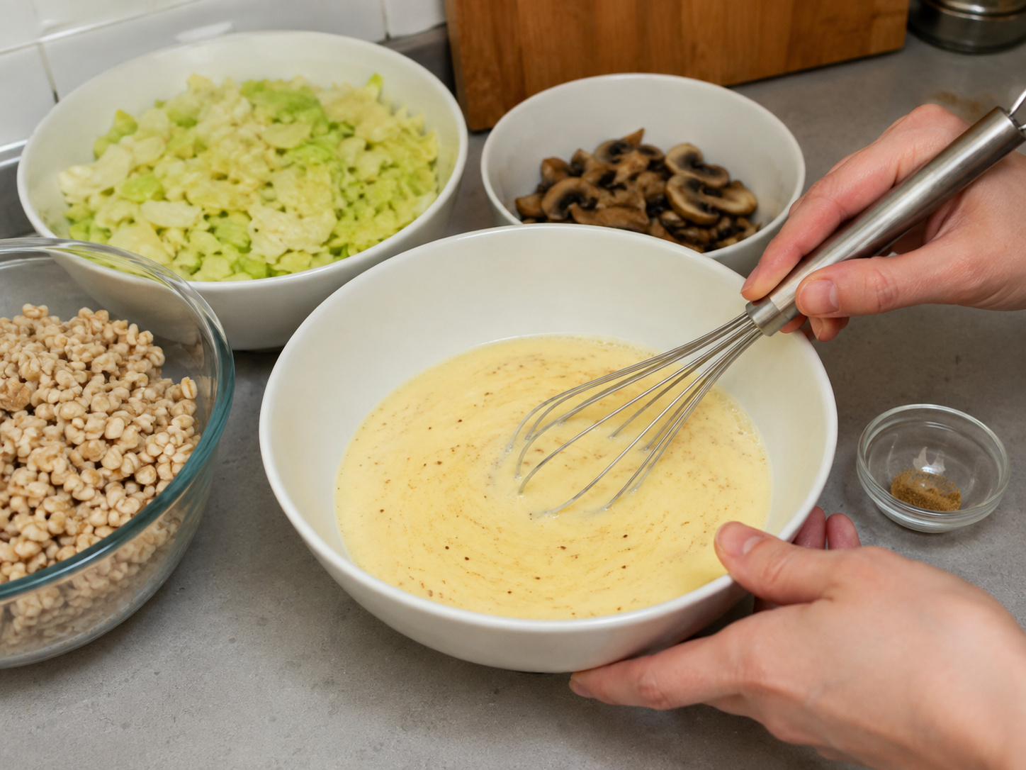 Kocok susu, telur, dan pala: Kocok susu, telur, dan pala. Ikuti takaran dan urutan resep; pastikan kondisi bahan sesuai tahap yang ditunjukkan sebelum lanjut.