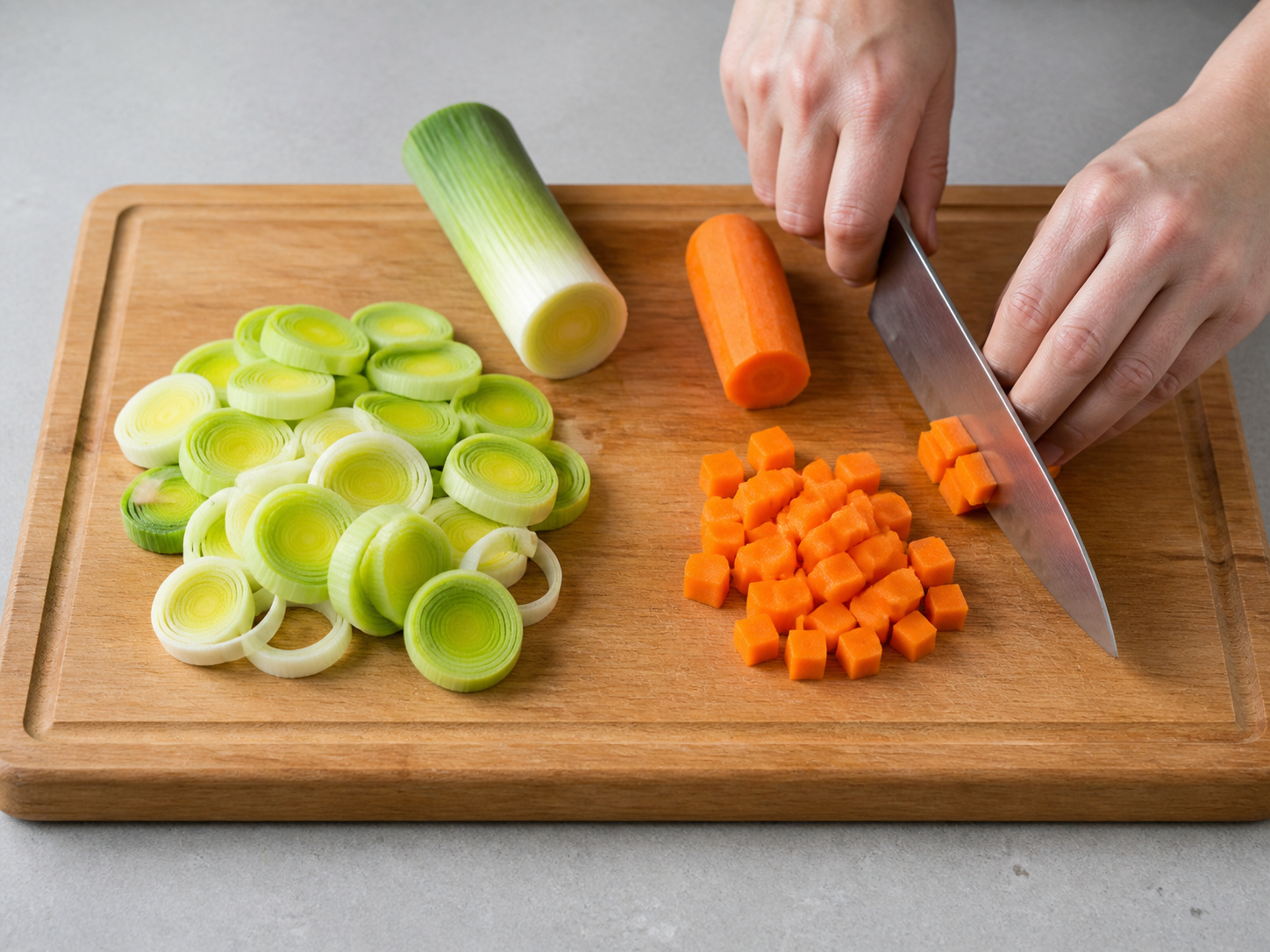 Finnish Salmon, Potato and Dill Soup — Wash and slice leek and dice carrot