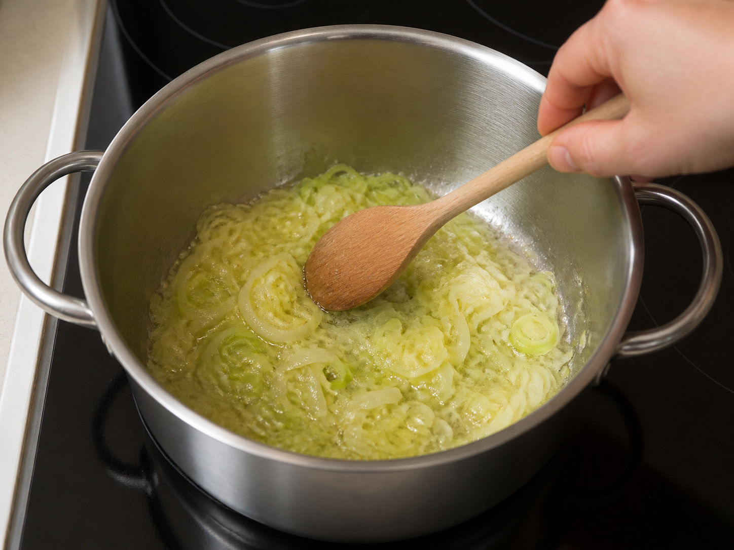 Finnish Salmon, Potato and Dill Soup — Soften leek in butter without browning