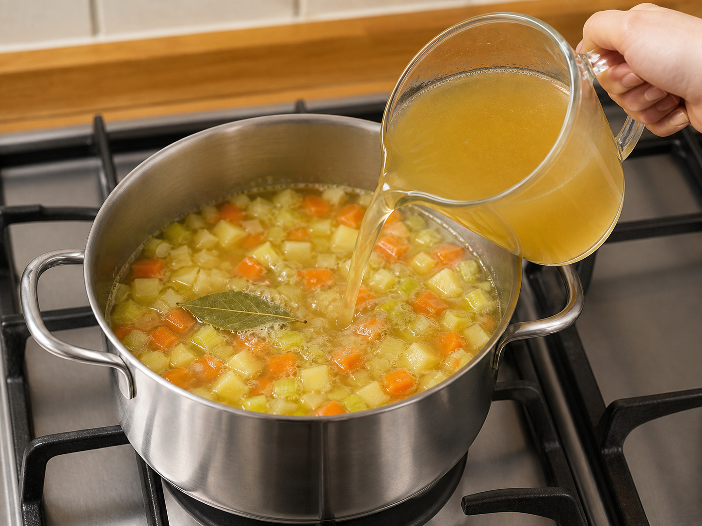 Finnish Salmon, Potato and Dill Soup — Pour in fish stock and bring to a simmer