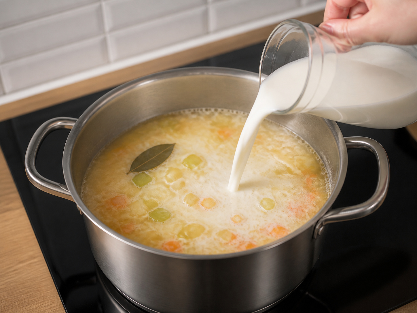 Finnish Salmon, Potato and Dill Soup — Add milk and keep below a full boil