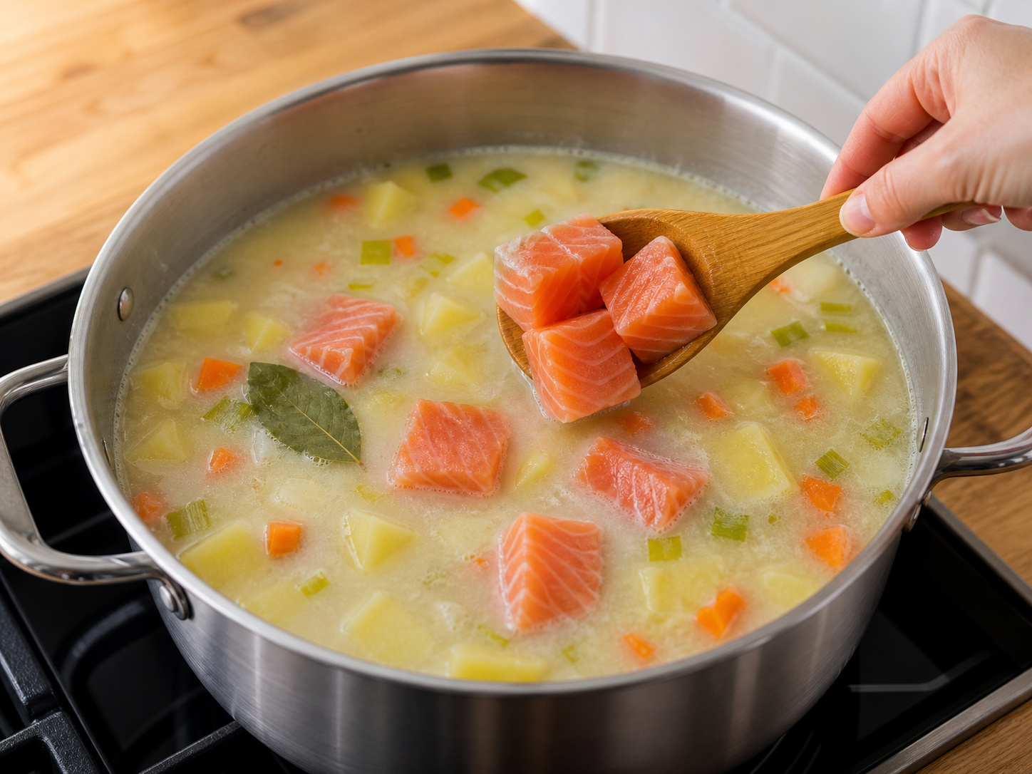 Finnish Salmon, Potato and Dill Soup — Lay salmon pieces gently into the soup