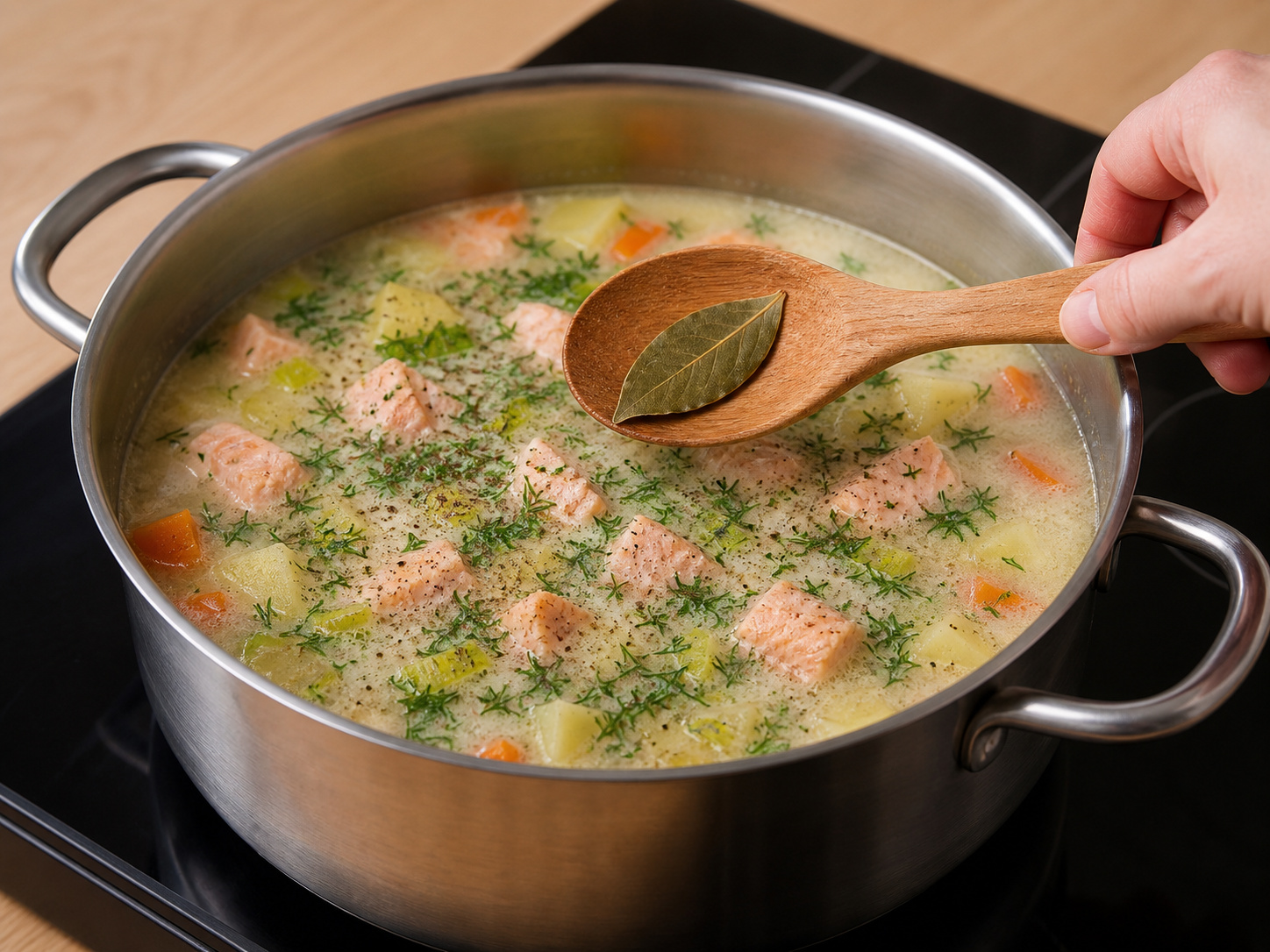 Finnish Salmon, Potato and Dill Soup — Remove bay leaf and add dill and seasoning