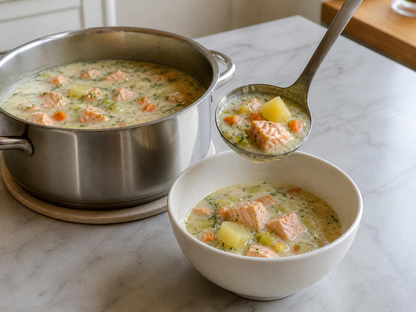 Finnish Salmon, Potato and Dill Soup — Rest five minutes and ladle gently