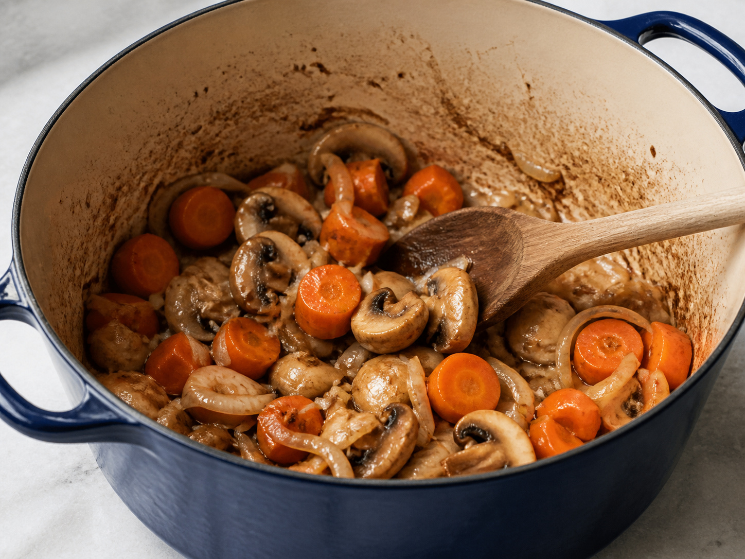 French Beef Bourguignon-Style Stew — Soften vegetables