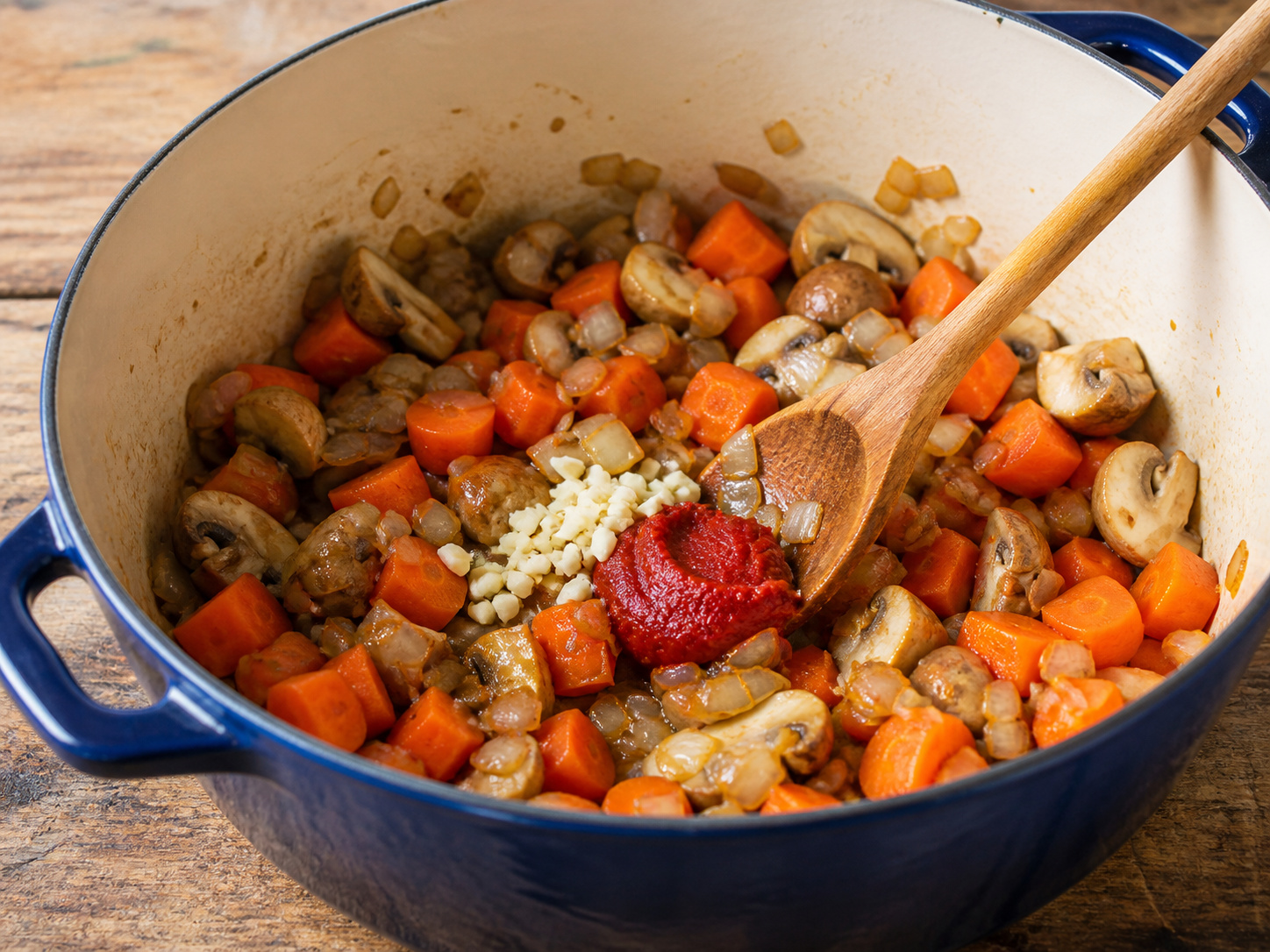 French Beef Bourguignon-Style Stew — Cook garlic and tomato paste