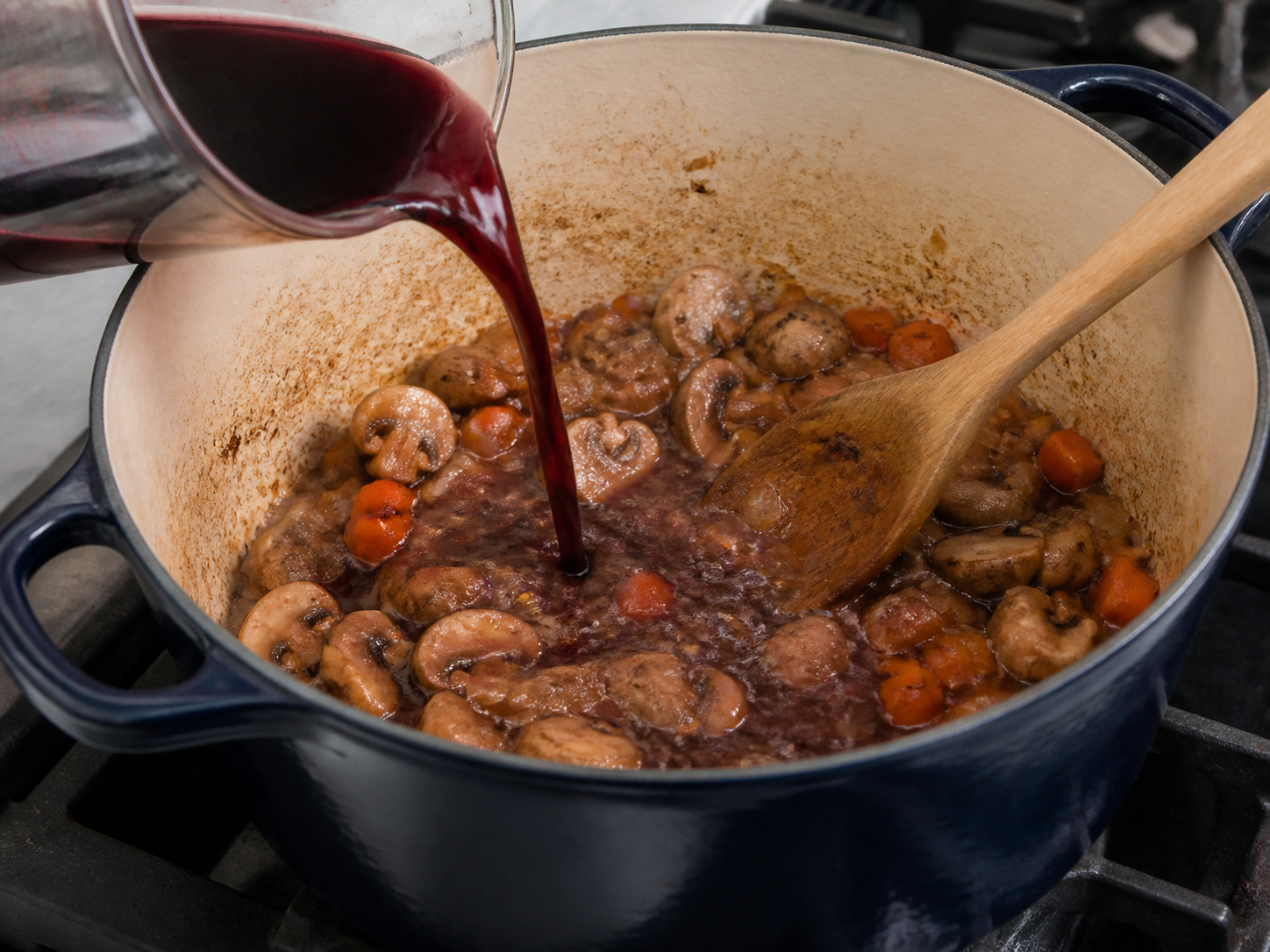 French Beef Bourguignon-Style Stew — Add the wine