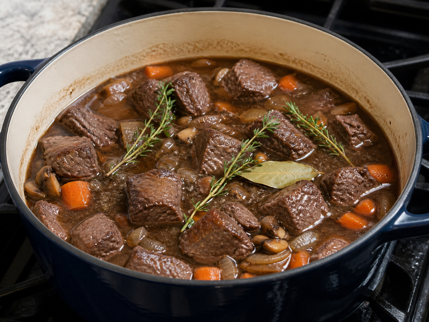 French Beef Bourguignon-Style Stew — Add stock, herbs and beef