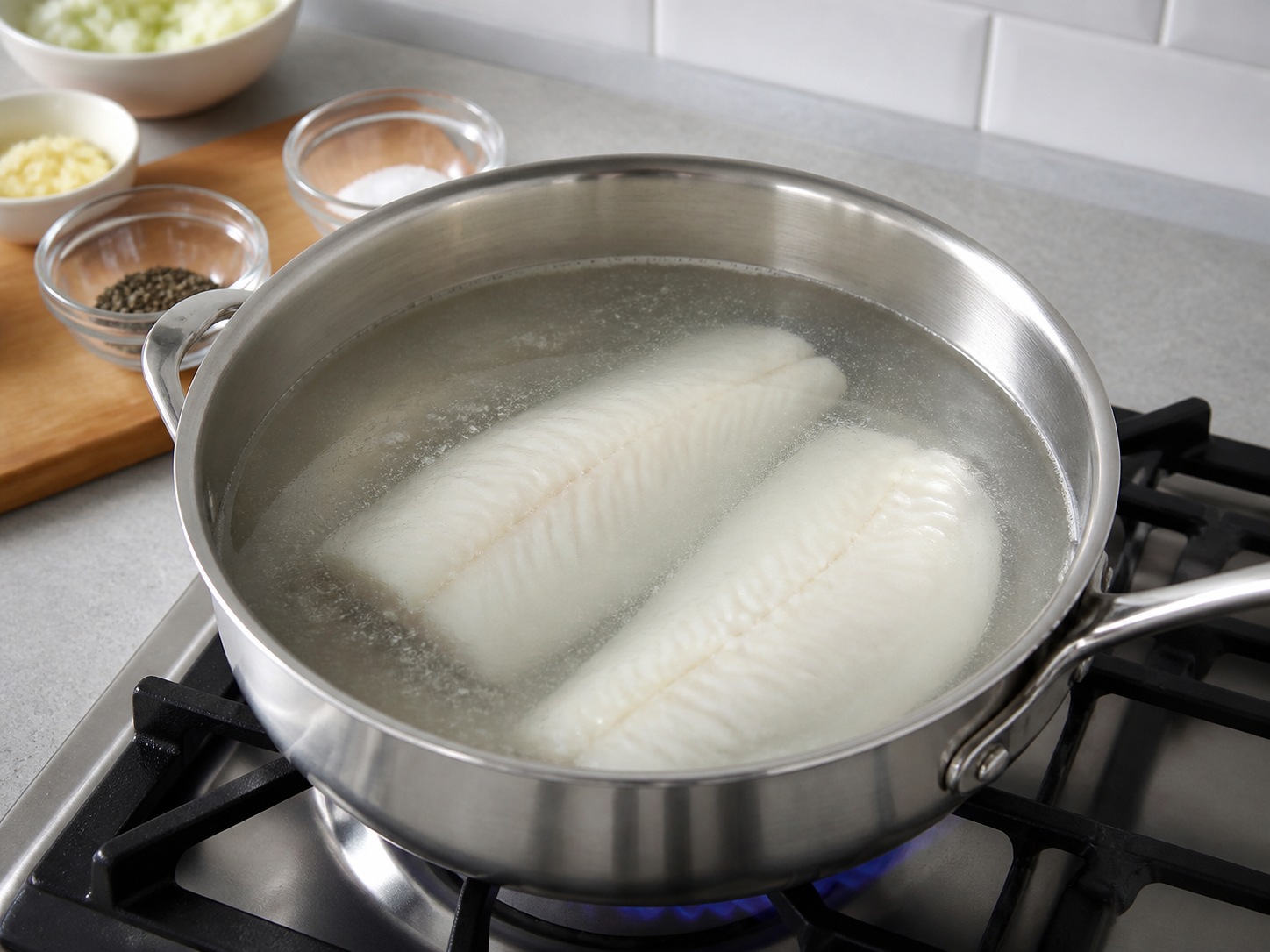 法式鱈魚白豆蓉焗盤 — 兩件鱈魚柳以微滾水煮6分鐘至不透明。