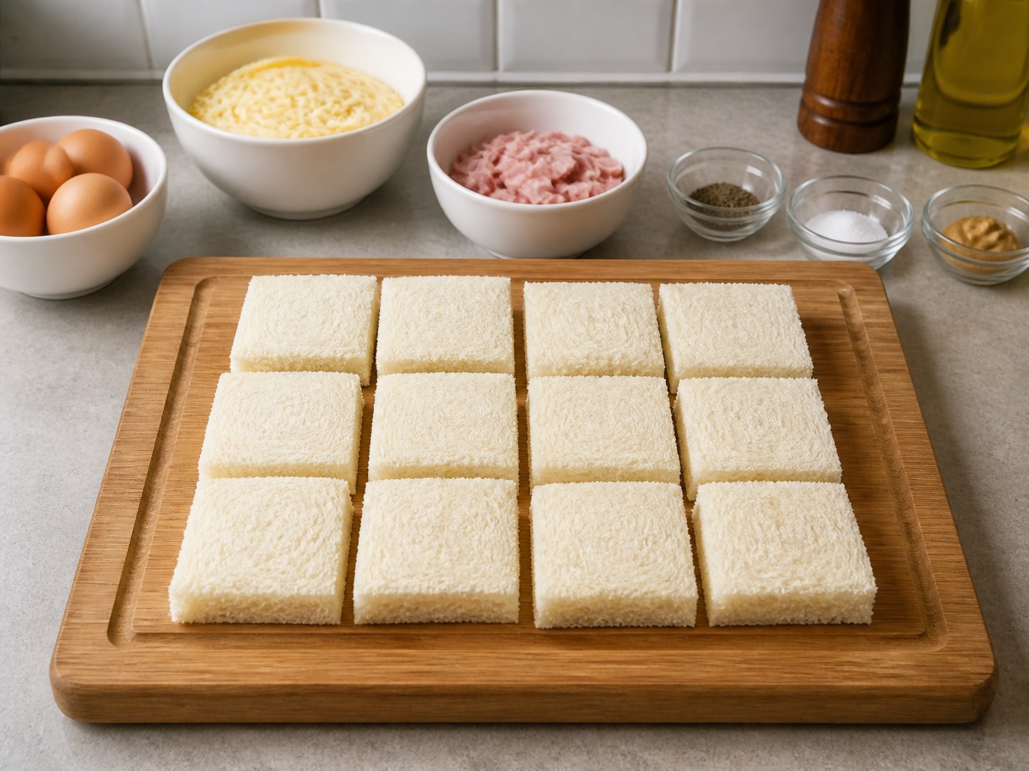 French Croque Monsieur Breakfast Bake — Trim and cut bread