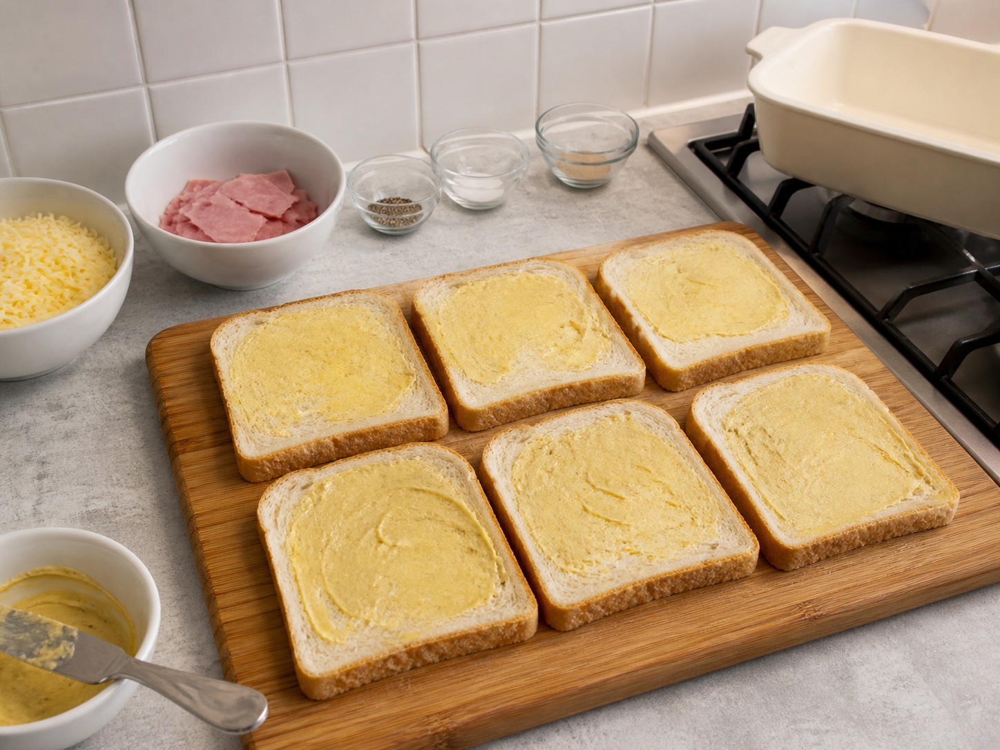 French Croque Monsieur Breakfast Bake — Spread the mustard