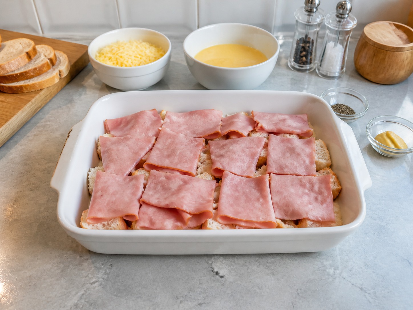 French Croque Monsieur Breakfast Bake — Layer bread and ham