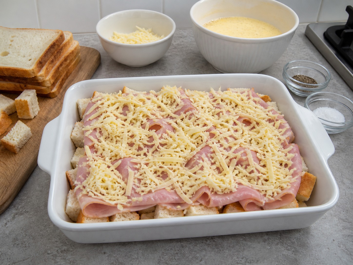 French Croque Monsieur Breakfast Bake — Add the cheese layer