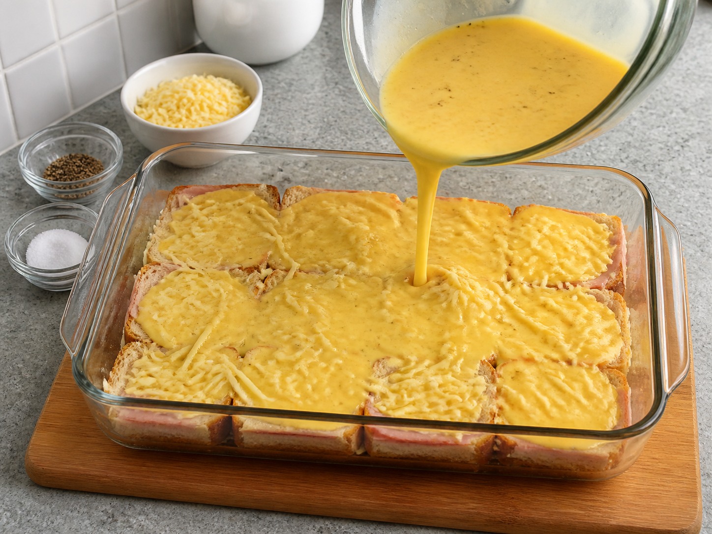 French Croque Monsieur Breakfast Bake — Pour custard over bread