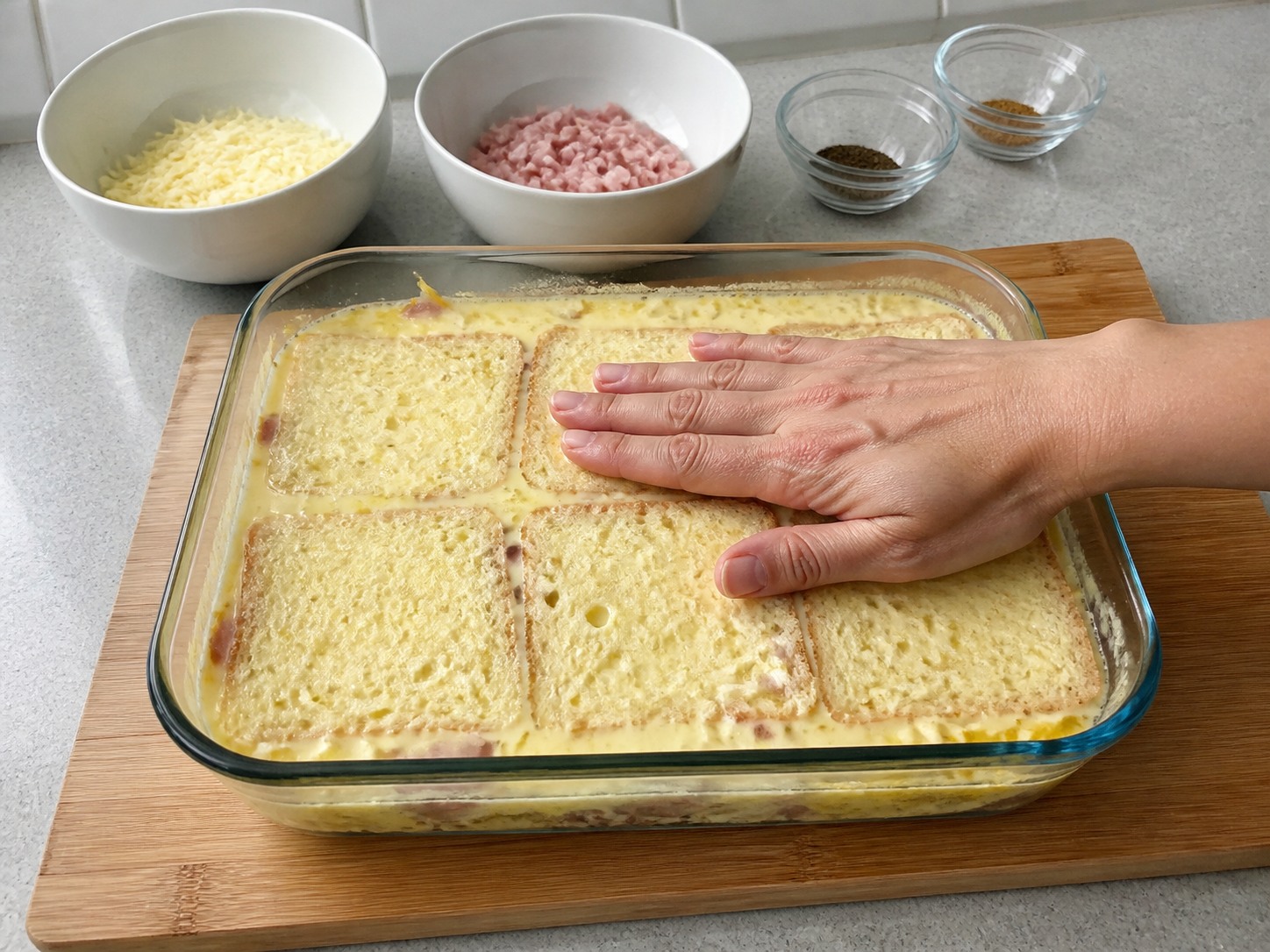 French Croque Monsieur Breakfast Bake — Press and soak