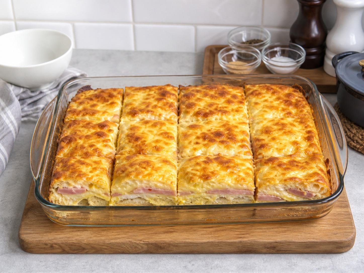 French Croque Monsieur Breakfast Bake — Rest, slice and serve