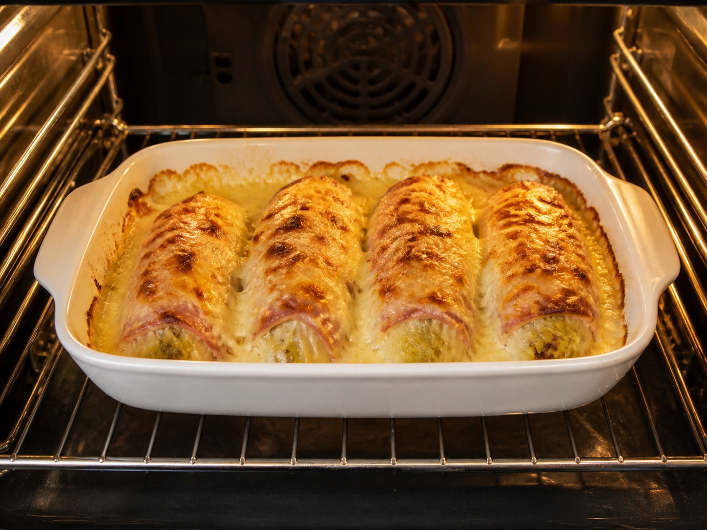 Gratin Endive dan Ham Prancis — Panggang hingga keemasan: Panggang pada 200°C selama 20 menit hingga berbuih dan keemasan.