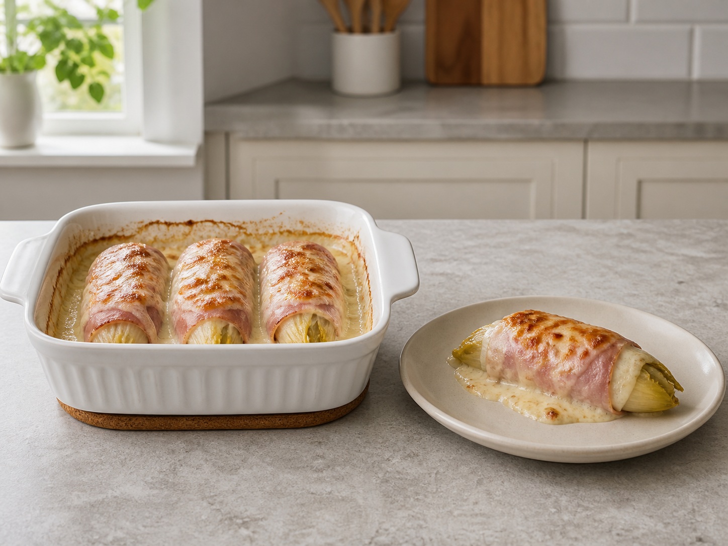 Gratin Endive dan Ham Prancis — Diamkan dan sajikan: Diamkan 5 menit lalu angkat tiap porsi utuh dan sajikan.