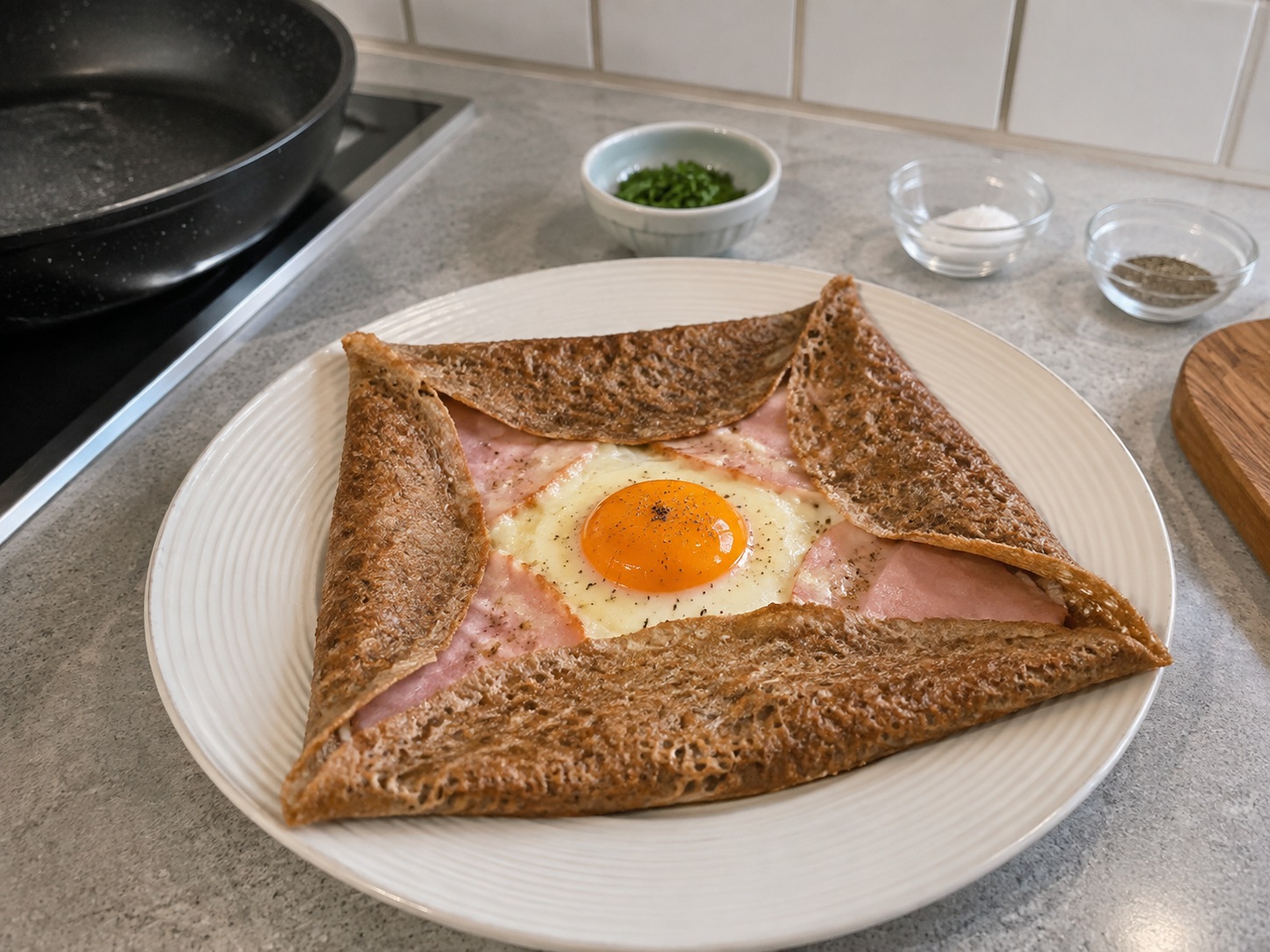 Galette Soba Ham dan Keju Prancis: Galette soba membungkus ham, keju, dan telur dengan tepi renyah.
