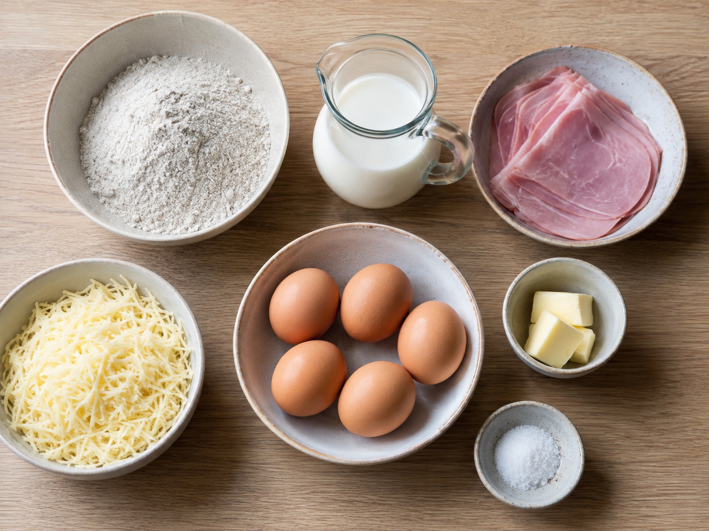 Galette Soba Ham dan Keju Prancis: 180 g tepung soba, 5 buah telur, 300 ml susu, 200 g ham matang, 160 g keju Gruyere, 30 g mentega, 1 sdt garam