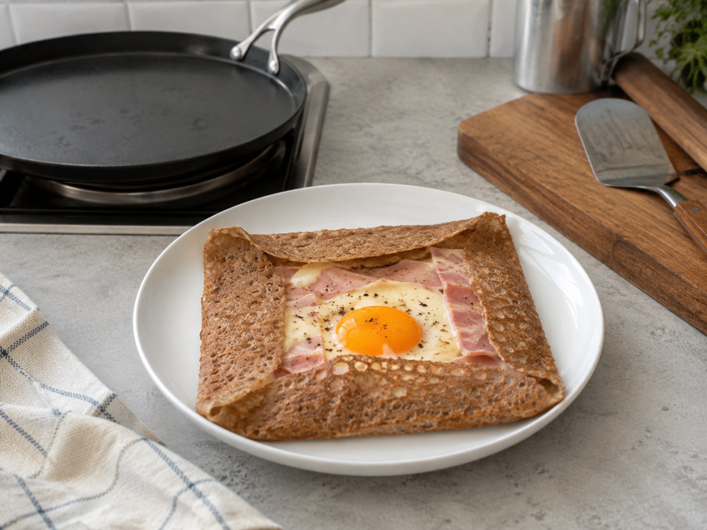 Galette Soba Ham dan Keju Prancis — Sajikan saat telur set lalu ulangi dengan sisa adonan.