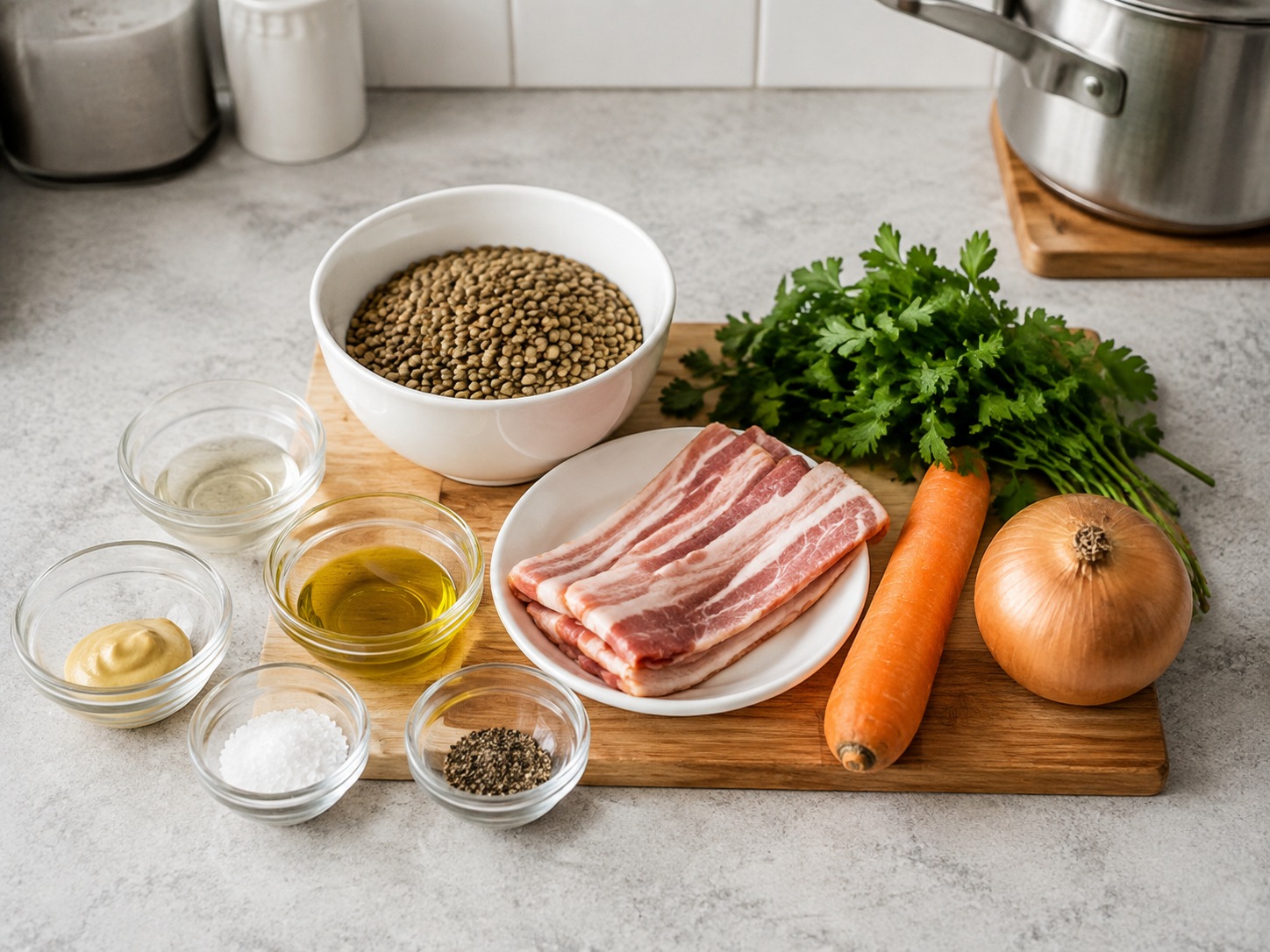 Salad Lentil Hangat Bacon Herba Prancis: 250 g lentil hijau kering, 180 g bacon, 150 g wortel, 1 buah bawang bombai, 20 g peterseli, 1 sdm Mustard Dijon, 2 sdm cuka putih, 2 sdm minyak goreng, 1 sdt garam, 1 sdt Lada hitam