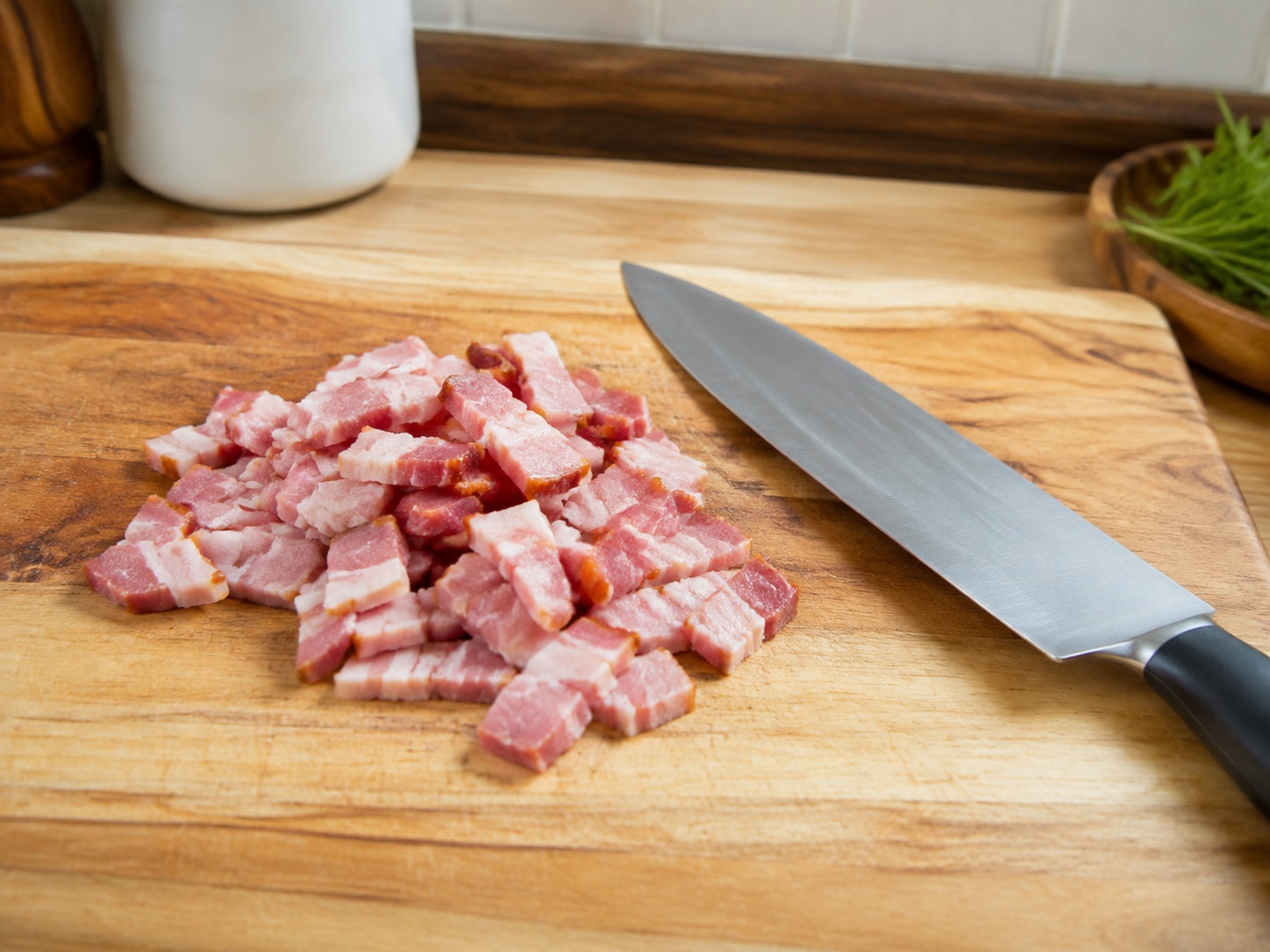 Salad Lentil Hangat Bacon Herba Prancis — Potong bacon menjadi strip kecil.