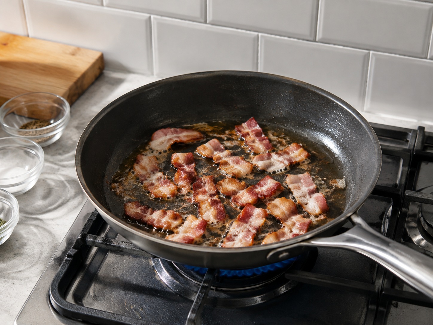 Salad Lentil Hangat Bacon Herba Prancis — Masak bacon api sedang hingga renyah keemasan.